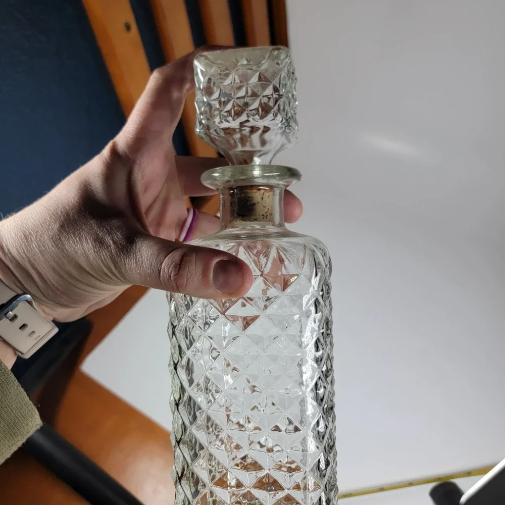 Vintage Cut  diamond Glass Decanter with Cork Stopper-Very Elegant/Rare